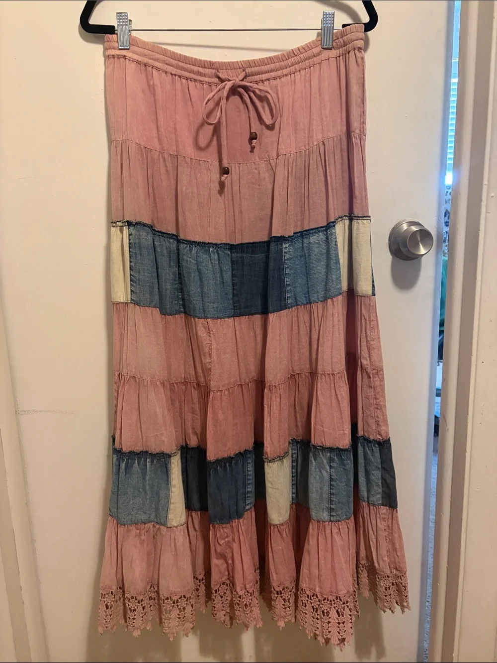 YOUNG THREADS Tiered Pink Patchwork Maxi Skirt with Crochet Hem Brand New Small - Picture 1 of 7